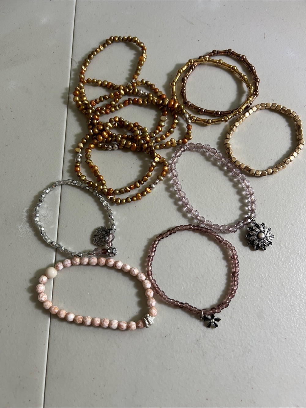 Assorted Pink and Gold Beaded Stretch Bracelets - Women Jewelry
